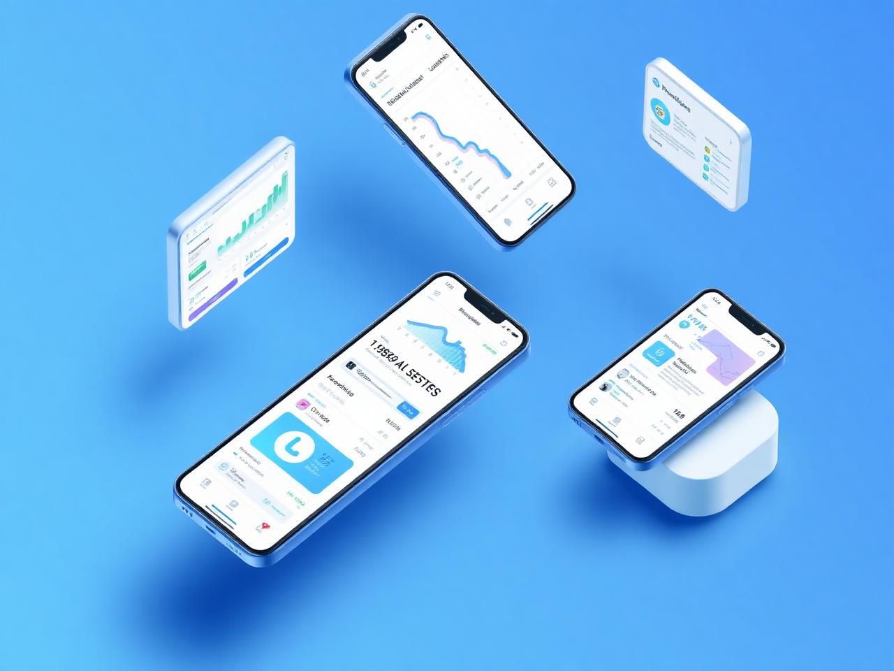 Mobile app screens with dashboards and analytics floating in 3D space